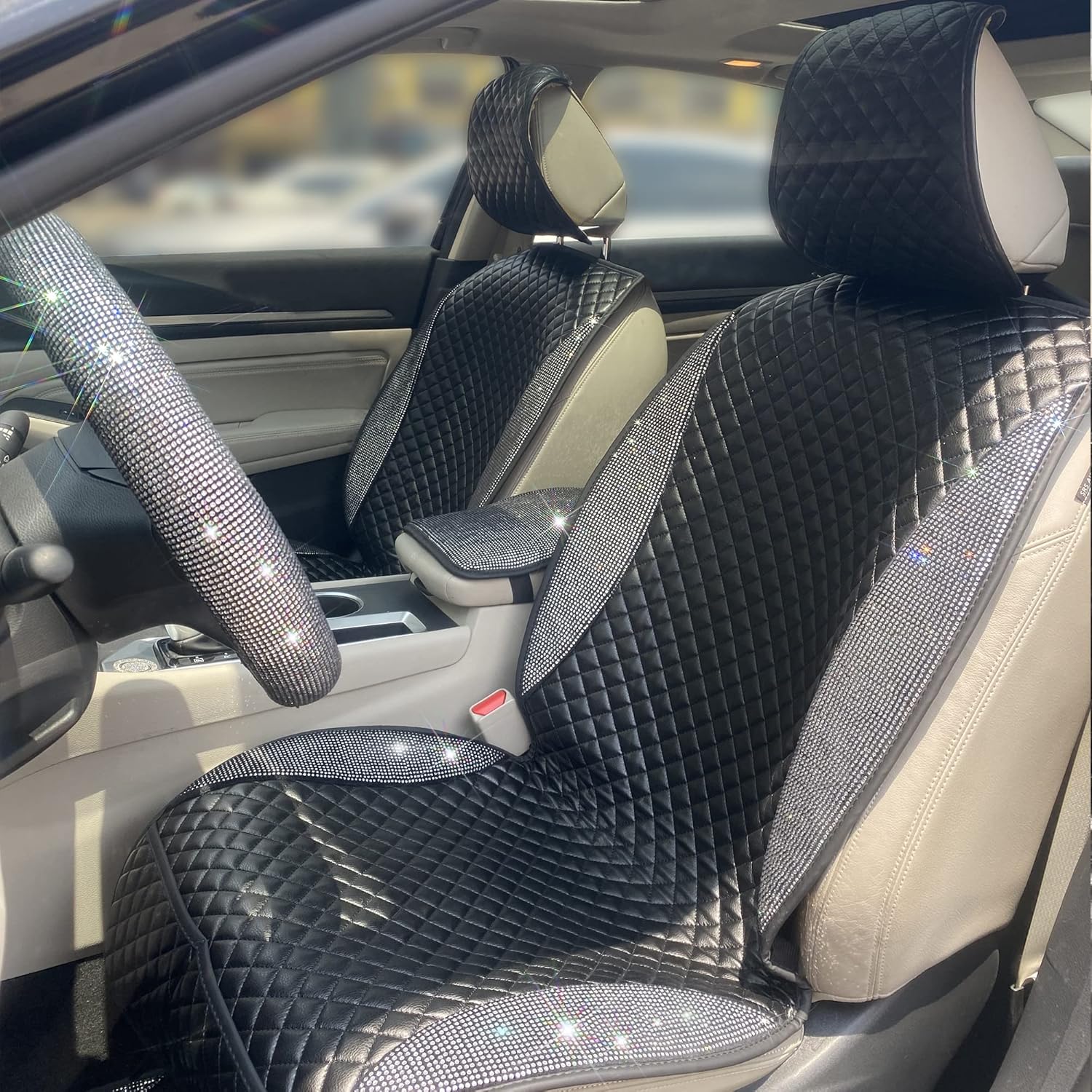 Lady Crystal 1 Pair Bling Front Leather Car Seat Covers, Luxury Car Protectors, Universal Anti-Slip&Sun-Resistant Driver Seat Cover with Backrest