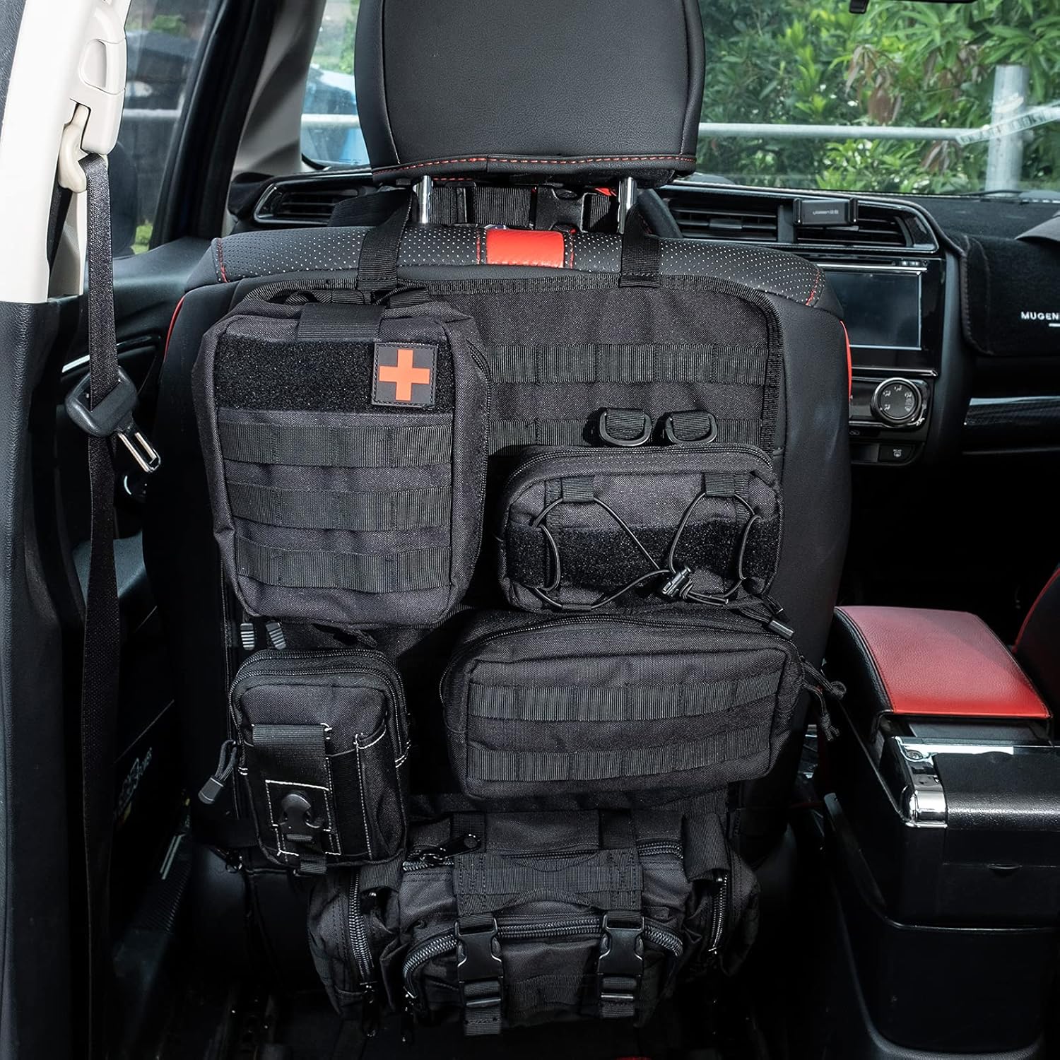 Tactical Car Seat Back Organizer with 5 Detachable Molle Pouch--1 Medical Kit & 4 Admin Pouch, Tactical Vehicle Panel for Truck, Jeep, SUV, Car, Ford