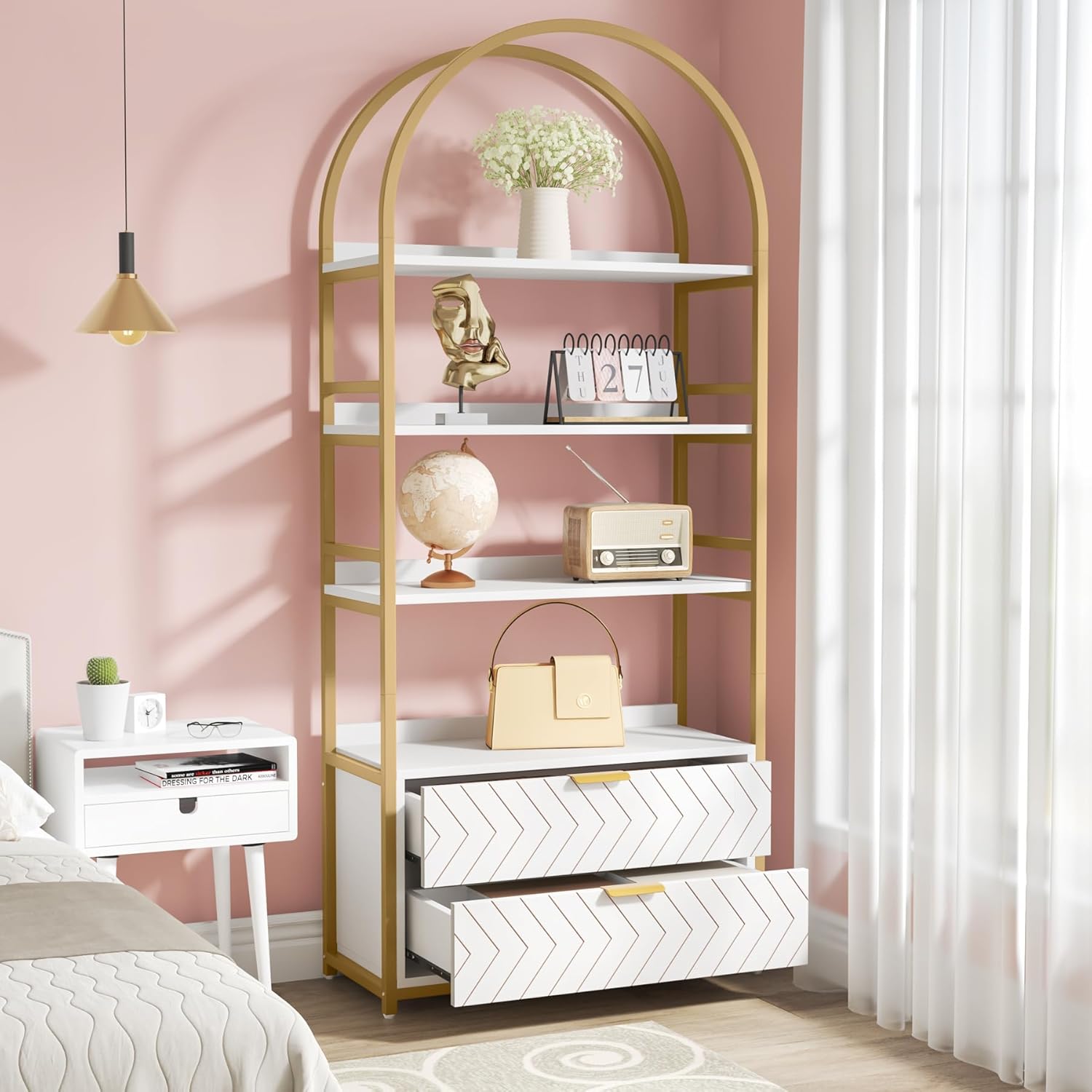 Tribesigns 4-Tier Bookshelf with 2 Drawers, 74.80”H Tall Bookcase 4 Display Shelf Small Place