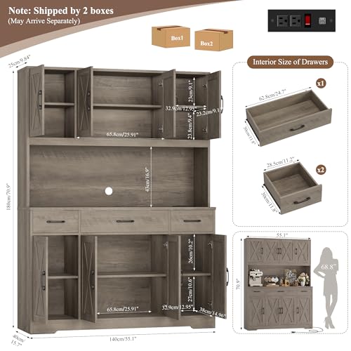 HOSTACK 71" Tall Kitchen Pantry Storage Cabinet with Charging Station, 55" Wide Kitchen Hutch Cabinet with Large Countertop