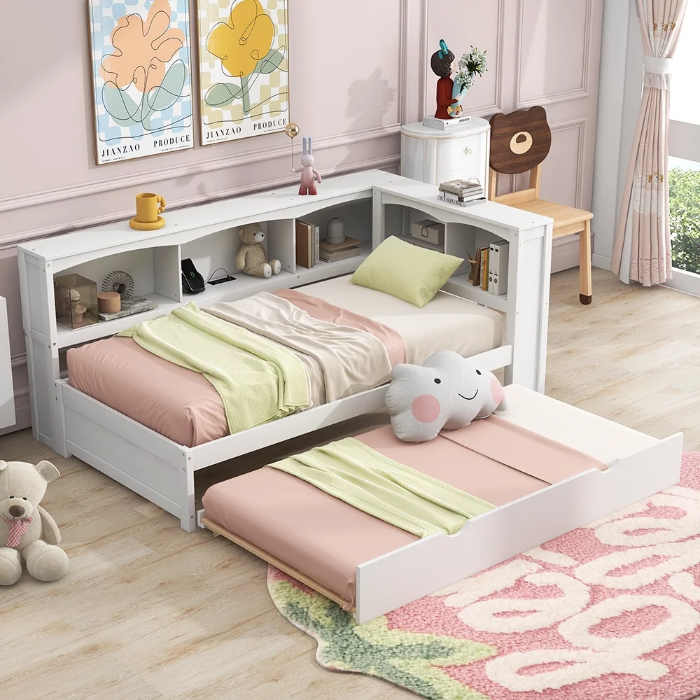 Bellemave Modern Twin over Twin Size Wood Daybed with Trundle, Stronge Storage Cabinets and USB Ports,Low Floor Bed for Kids Teens Adult Bedroom