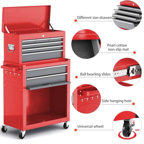 Tool Chest 8-Drawer | 42'' Large Rolling Tool Chest with Wheels | Detachable Top Metal Tool Box | Garage Storage Cabinet for Repair Room