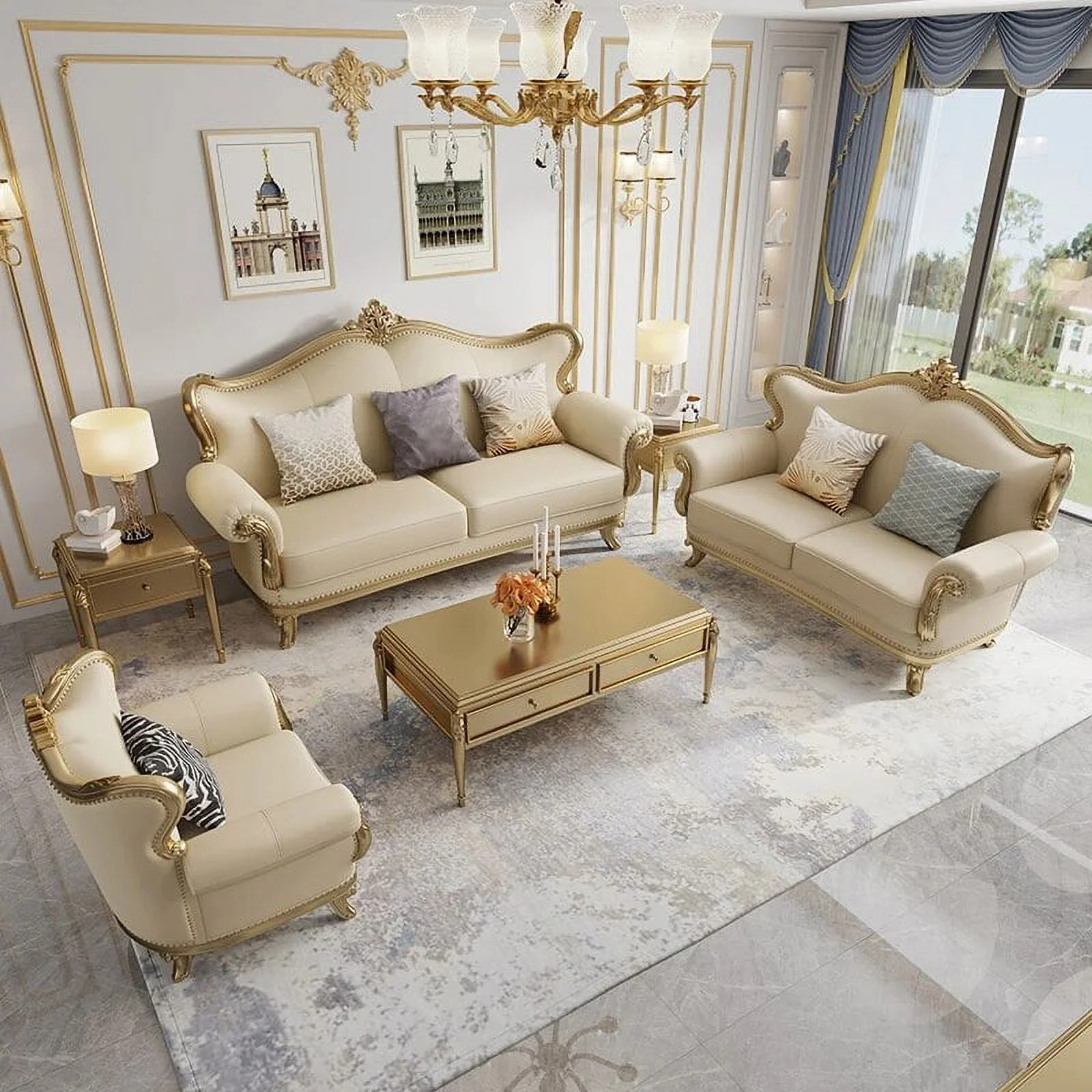 French Style Living Room Sofa Set Antique Solid Wood Carved Couch Classic Hotel Lobby 3+2+1 Sofa