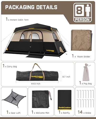 FanttikOutdoor Camping Tent 4/6/8/10 Person Instant Cabin Tent Setup in 60 Seconds with Rainfly & Windproof Portable with Carry Bag for Family