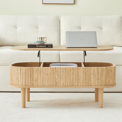 Fluted Lift Top Coffee Table with Hidden Compartment, Fully Assembled Wooden Center Table, Modern Oval Lift Tabletop for Home Living Room Office