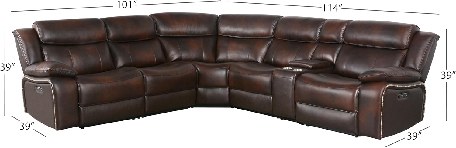 Abbyson Living Vanessa Top Grain Leather 6 Piece Power Reclining Sectional, Brown