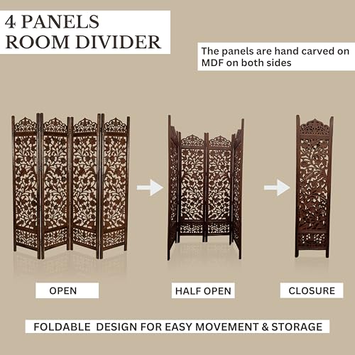 Lightnpro Wooden Room Divider - Handmade Foldable Partition Screen with Intricate Oval Carved Design Hinged