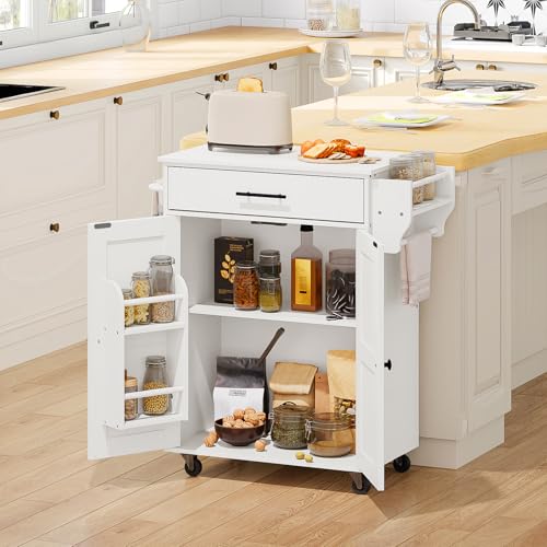 HOOBRO Kitchen Island with Power Outlet, Kitchen Island Storage Island with Large Worktop, Spice Rack and Drawer, Rolling Kitchen Cart on Wheels