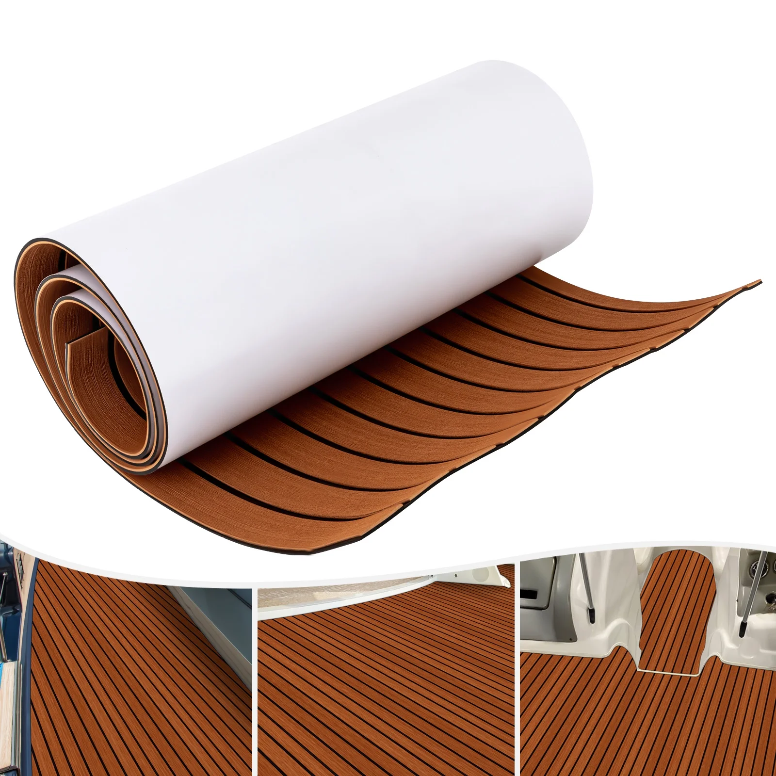 YIYIBYUS Boat Flooring EVA Foam Decking Sheet Faux Teak Mat Marine Carpet Non-Slip Self-Adhesive Mat for RV Yacht Kayak Brown