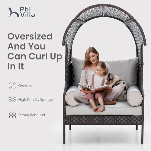 PHI VILLA Outdoor Wicker Egg Chair, Oversized Lounge Chair with Cushion, Large Brown Basket Rattan Chair for Patio, Porch, Garden, Balcony, Indoor