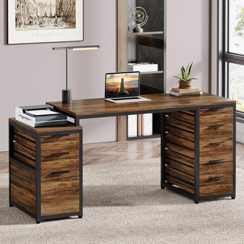Tribesigns Computer Desk with 8 Drawers, 63" Office Desk with Reversible File Cabinet and Storage Drawers
