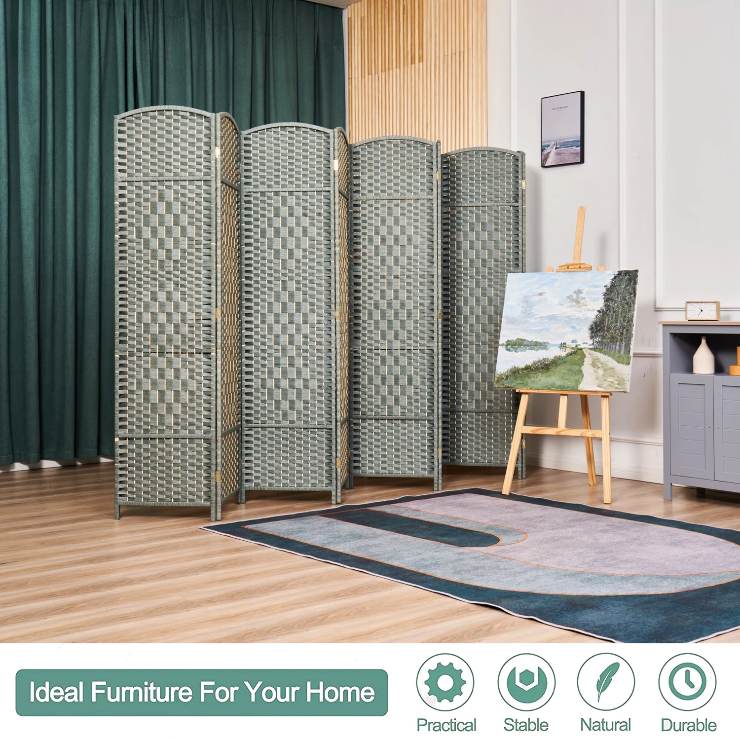 5.7ft Wood Fiber Woven Room Divider 8 Panels, Foldable Mobile Grey Wood Room Divider, Oriental Style Furniture Space Divider by LAZYLAND