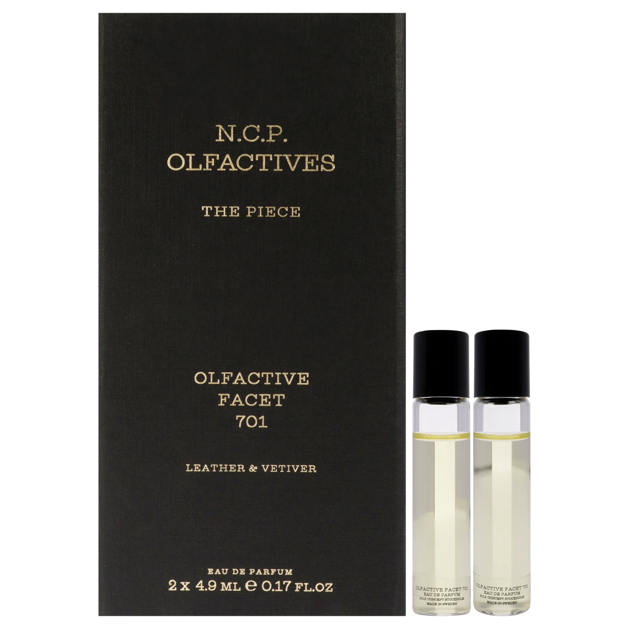 The Piece - Gold by NCP for Unisex - 3 Pc 2 x 4.9ml Olfactive Facet -701 Leather and Vetiver EDP Roll On, Necklace