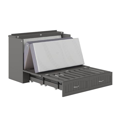 AFI Southampton Queen Murphy Bed Chest with Mattress, Storage, and Built-in Charger in Grey