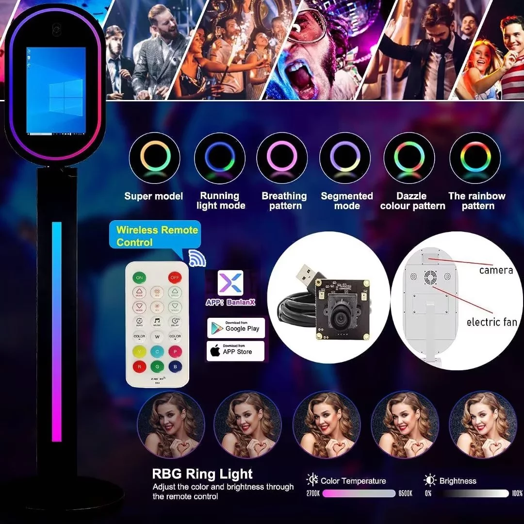 Black 13.3 In Portable Touch Mirror Photo Booth  Built-in Mini PC & Camera Photo Booth with Round Ring Light and Flight Case for Events Wedding
