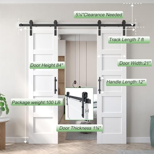 Fredbeck Double 21inx84in White Barn Door and 7FT Sliding Barn Door Hardware Kit Included,Solid,MDF, PVC Surface,DIY Assembly,5-Panel