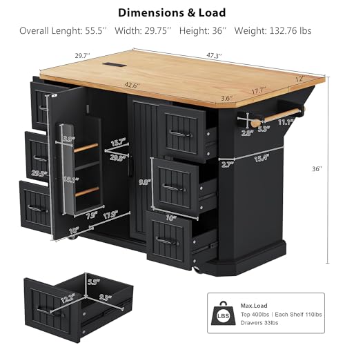 Amposei Rolling Kitchen Storage Island on Wheels with Power Outlet, Drop Leaf Breakfast Bar Kitchen Cart Island Table with Drawers