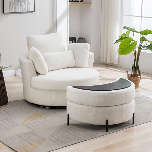 Aoiy & Wifon 42.2" W Oversized Swivel Barrel Chair with Ottoman, Upholstered Round Accent Chair with Storage Ottoman, Chenille, Beige