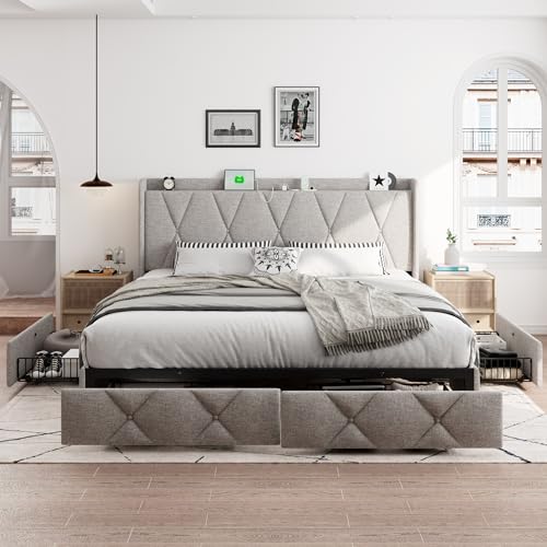 iPormis Queen Bed Frame with 4 Storage Drawers, Upholstered Platform Bed Frame with Charging Station, Modern Wingback Storage Headboard
