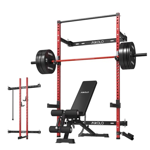 Mikolo 2" x 2" Folding Wall Mounted Squat Rack, 1000 Pounds Capacity Power Rack with Pull Up Bar, J Hooks and Other Attachments, Space-Saving Home Gym