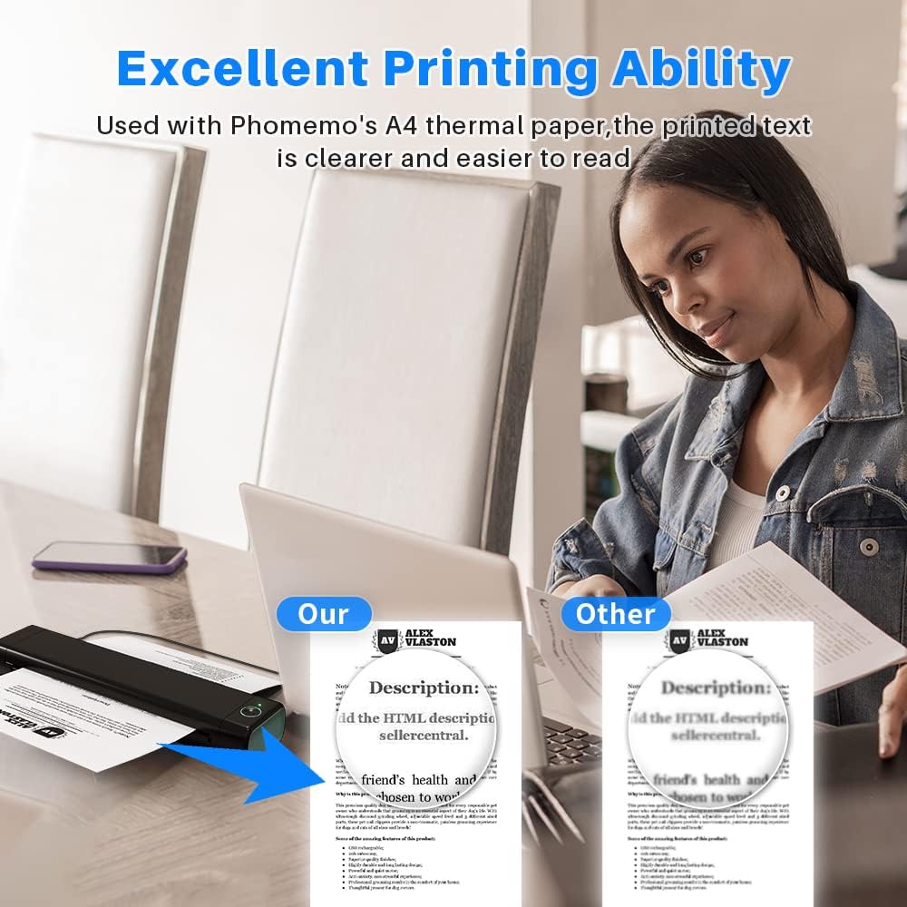 Phomemo M08F A4 Portable Thermal Printer, Supports 8.26"x11.69" A4 Thermal Paper, Wireless Mobile Travel Printers for Car & Office