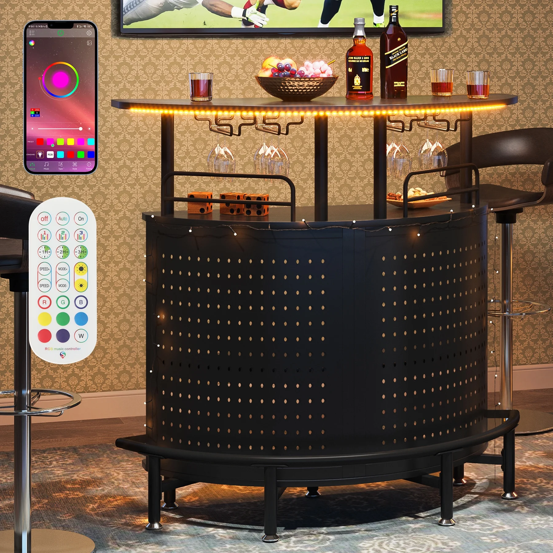 Tribesigns Smart Bar Unit with Led Lights 3-Tier Liquor Bar Table with Wine Glasses Holder and Storage Shelves Wine Bar