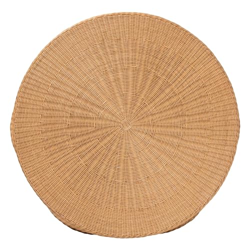 bali & pari Palm Scalloped Rattan Coffee Table - Handwoven Wicker Round Accent Table for Living Room Patio or Sunroom, Coastal Boho Style, White