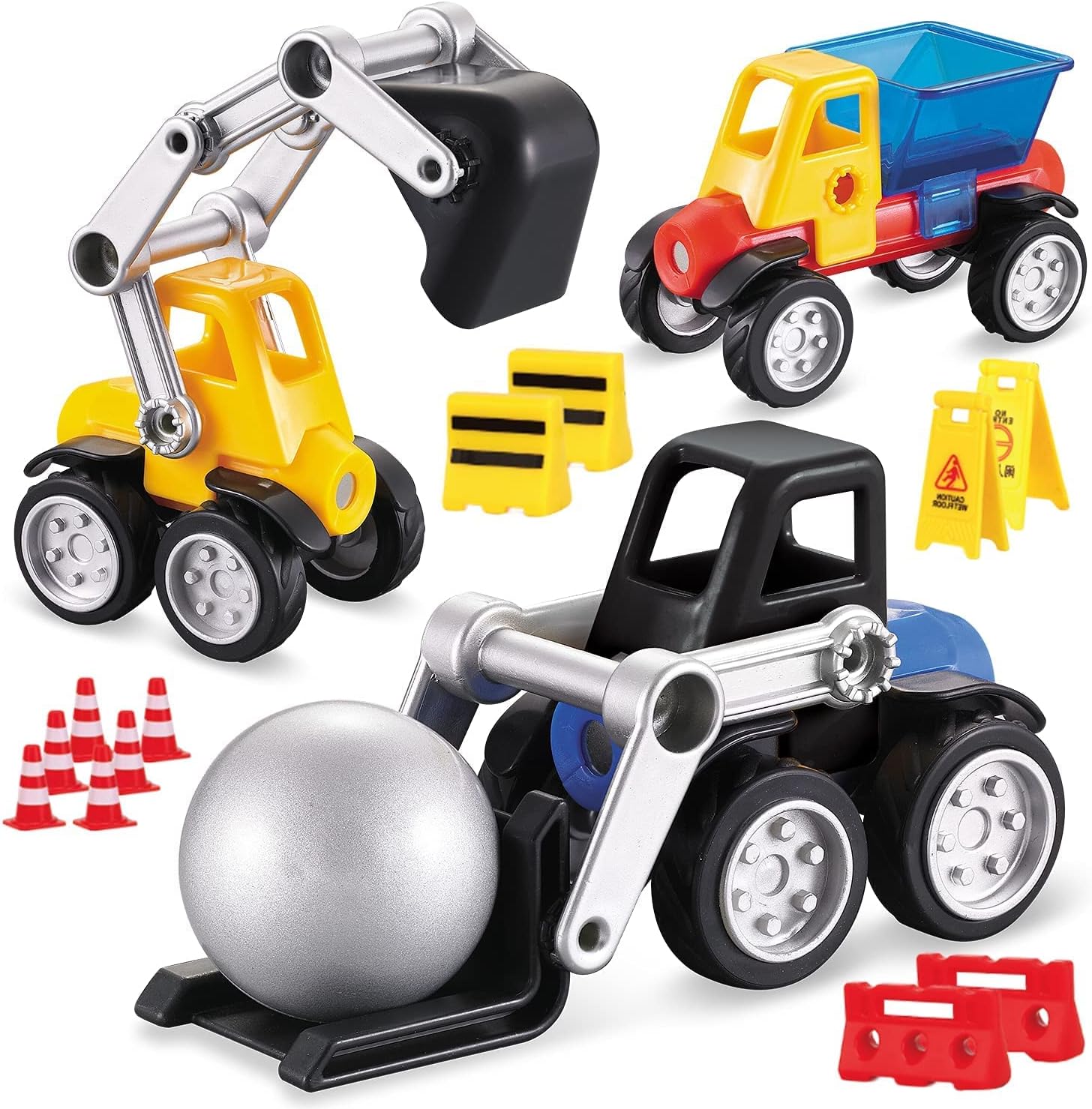 Cars Magnetic Building Blocks, New Shapes for Creating Endless Colorful Builder Trucks Including Play Mat, Selected Construction Signs Road