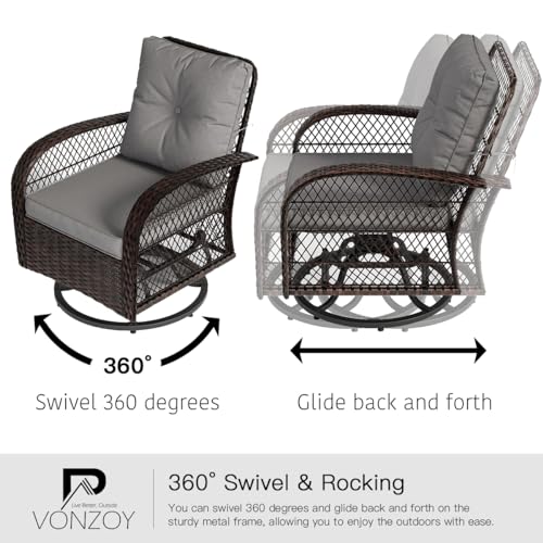 3 Pieces Patio Furniture Set, Outdoor Swivel Glider Rocker, Wicker Patio Bistro Set with Rocking Chair, Thickened Cushions and Table for Porch (Blue)