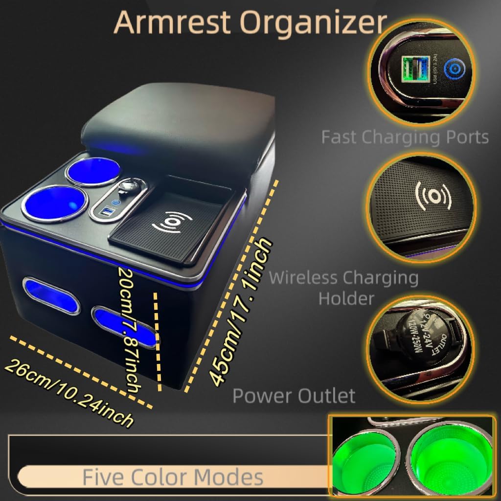 Center Console Armrest Organizer with Wireless Charging Phone Holder & Cup Holders for Car & Minivan & Van Truck Floor Cab Back Bench Seat Storage