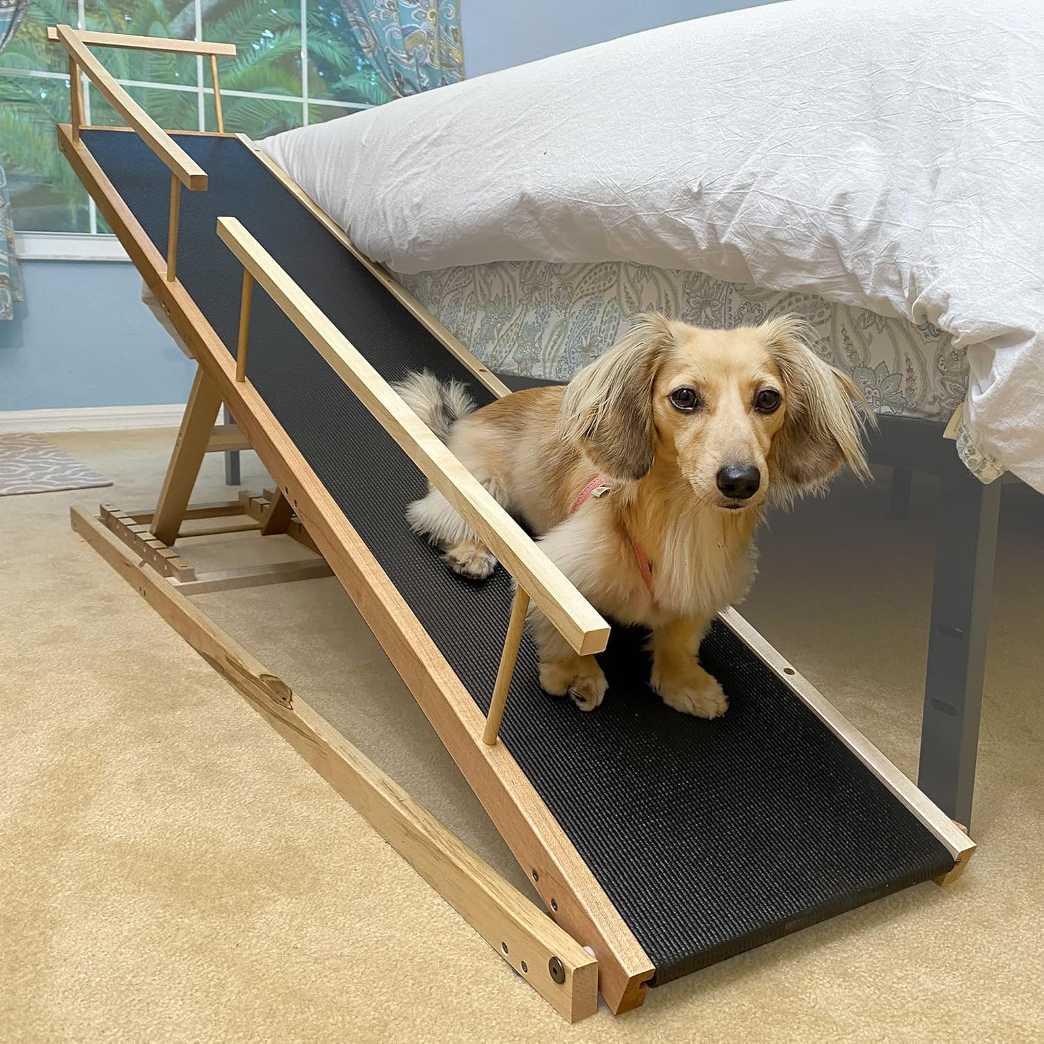 DoggoRamps Dog Ramp for Beds - Solid Hardwood with 5 Finish Options - Adjustable up to 37" High Beds with Low Incline, Safety Rails & Anti-Slip Grip