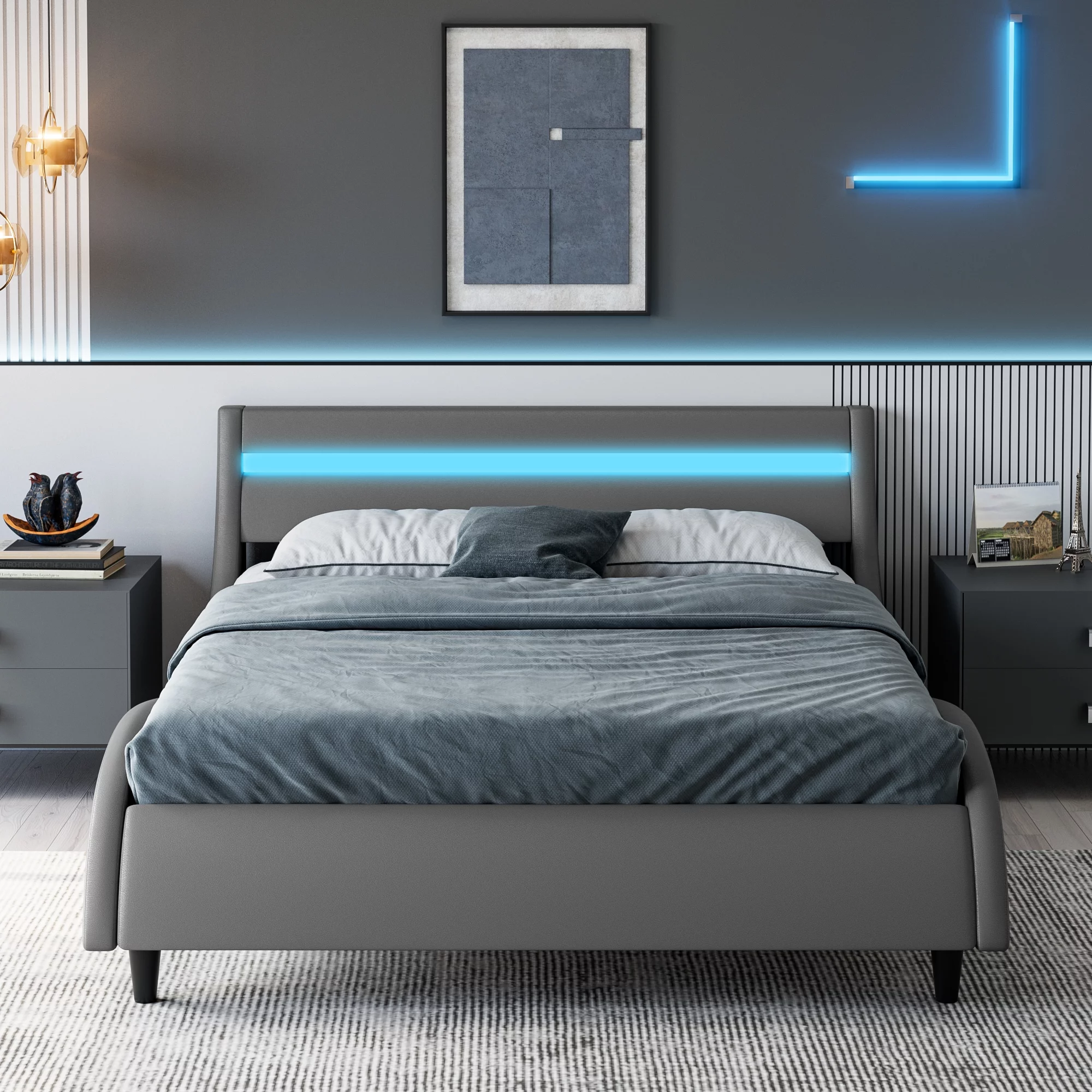 Homfa Queen Size Led Bed Frame, 16-Color Led Lights Platform Bed with Adjustable Upholstered Headboard, Gray