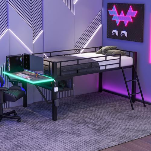 Gaming Bed with Desk,Wardrobe,Ample Storage Space,and RGB LED Light, Full Size Wood Loft Bed for Kids Bedroom (Cloud Blue/K)