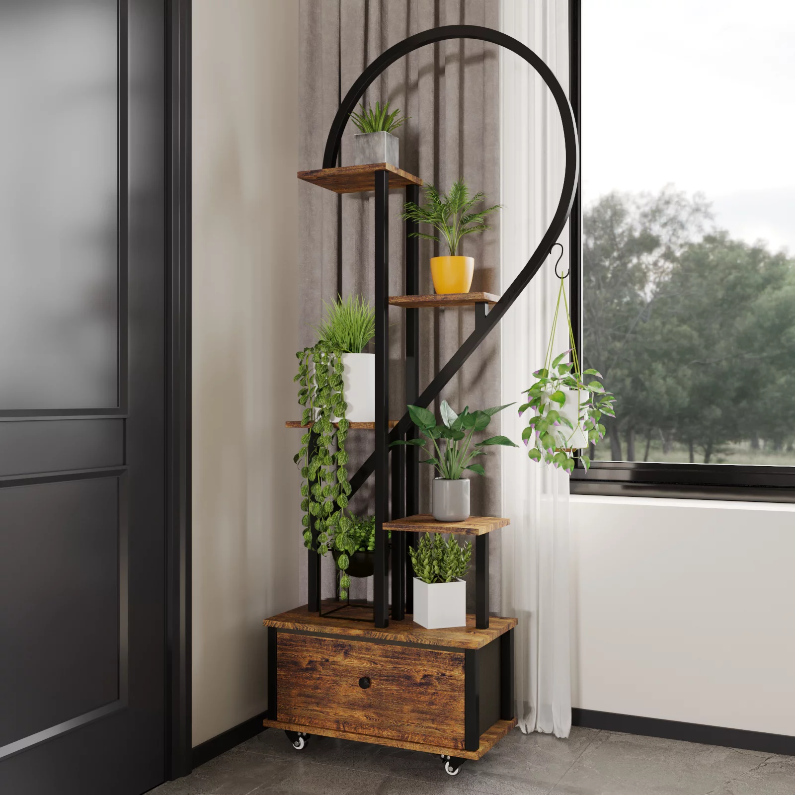 Walsport 6 Tier Plant Stand Indoor,Heart-Shape Plant Shelf with Drawer&Roller,Metal with Wood Plant Shelf for Home Decor,2pcs