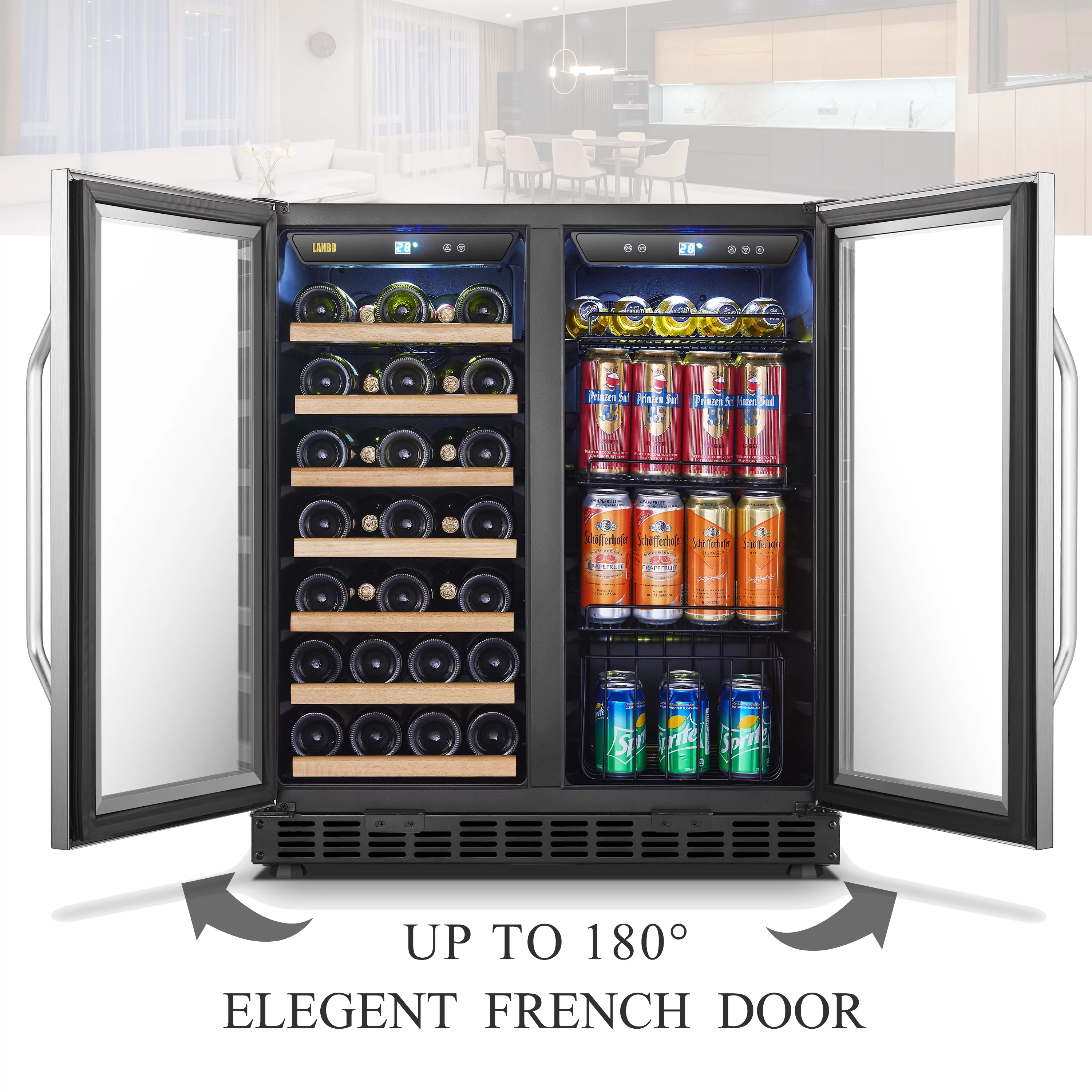 Lanbo 70 Can 33 Bottle Under Counter Dual Zone Wine Refrigerator and Beverage Cooler 30 inch Width