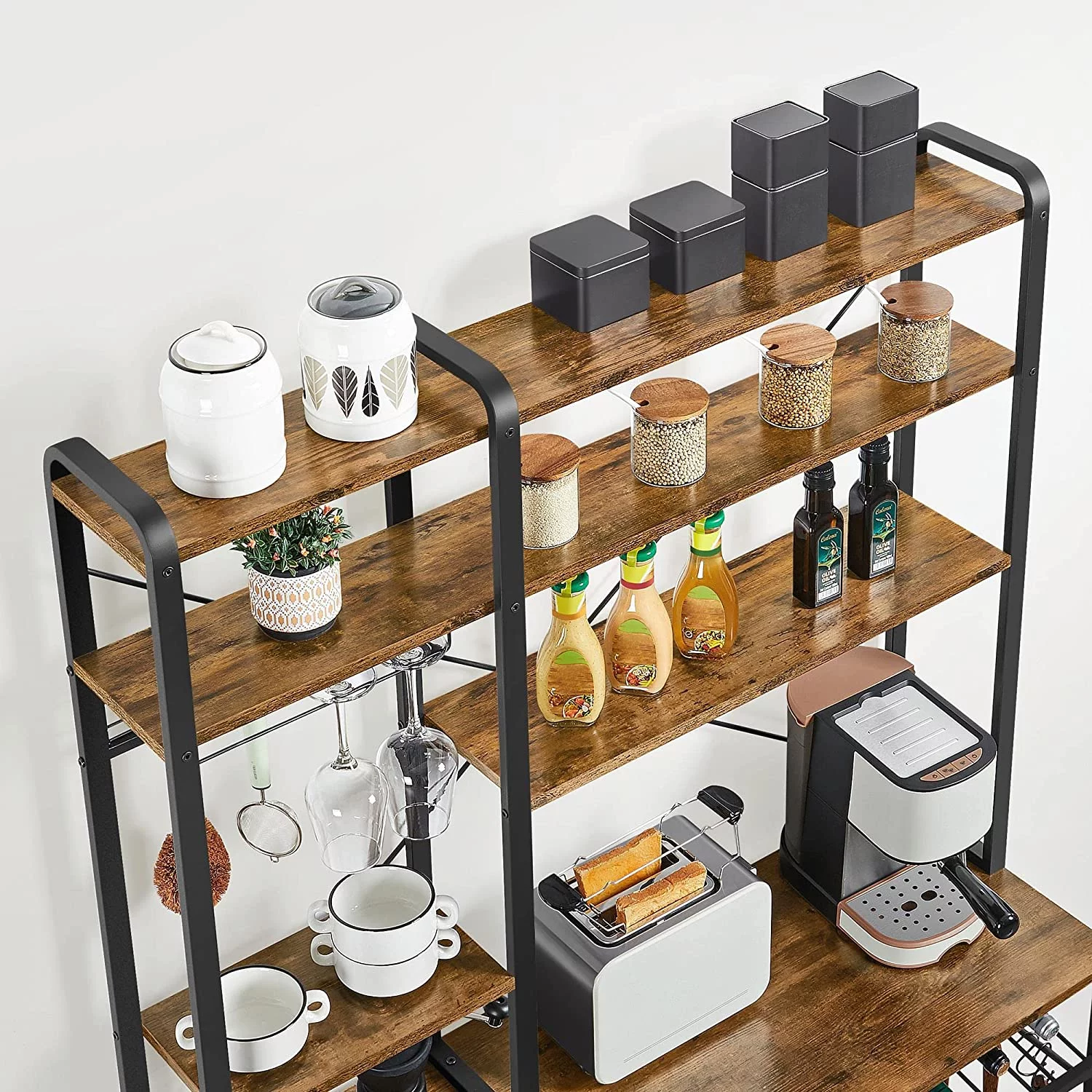 Kitchen Bakers Rack, Wooden Microwave Stand Kitchen Storage Shelf with Wine Rack and Wire Basket and 12 Hooks