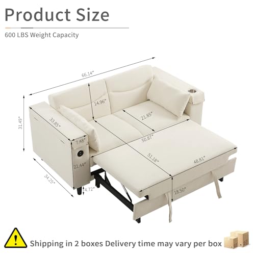 68.11" Corduroy Sleeper Chair Bed with USB Port, Cup Holders & Side Storage Pockets – 3-in-1 Foldable Sofa Bed for Guest Room, Living Room – White