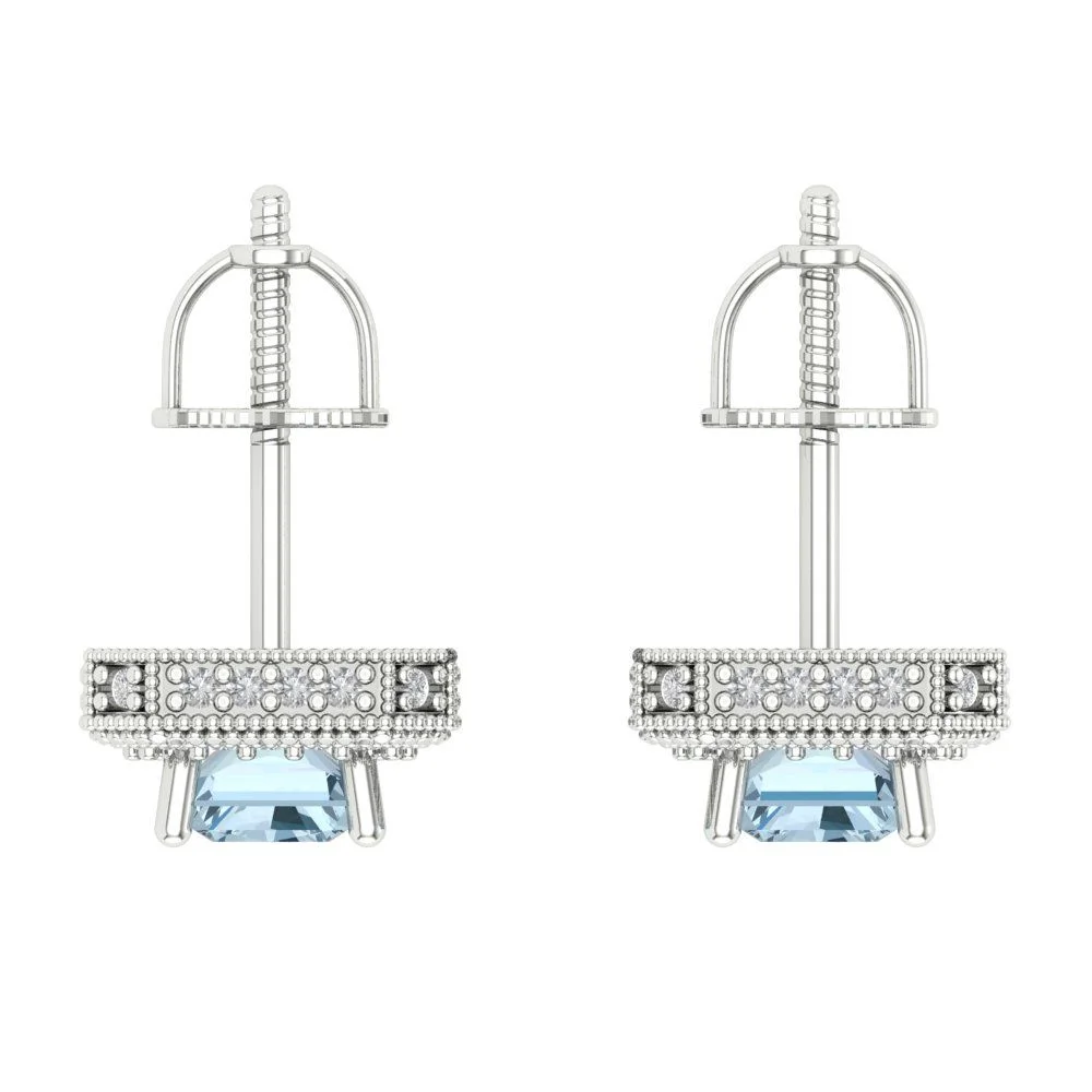 2.44Ct Brilliant Emerald Cut Halo Studs Genuine Blue Simulated Diamond Solid 18K White Gold Earrings Screw Back