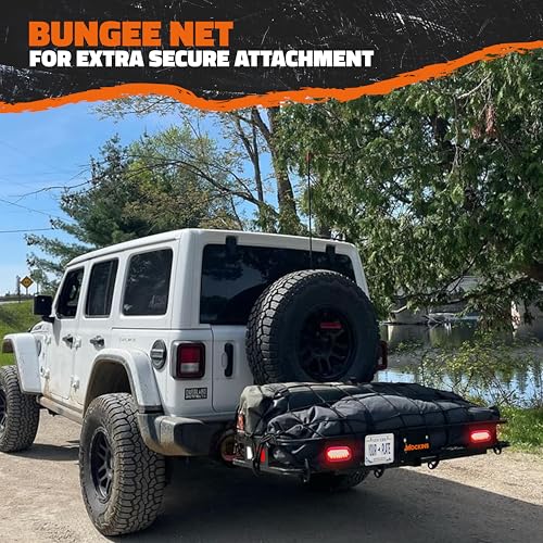 Mockins 16 Cubic Ft. Orange Cargo Carrier Bag & 60"x20"x6" Folding Trailer Hitch Cargo Carrier w/Rear Lights Bundle