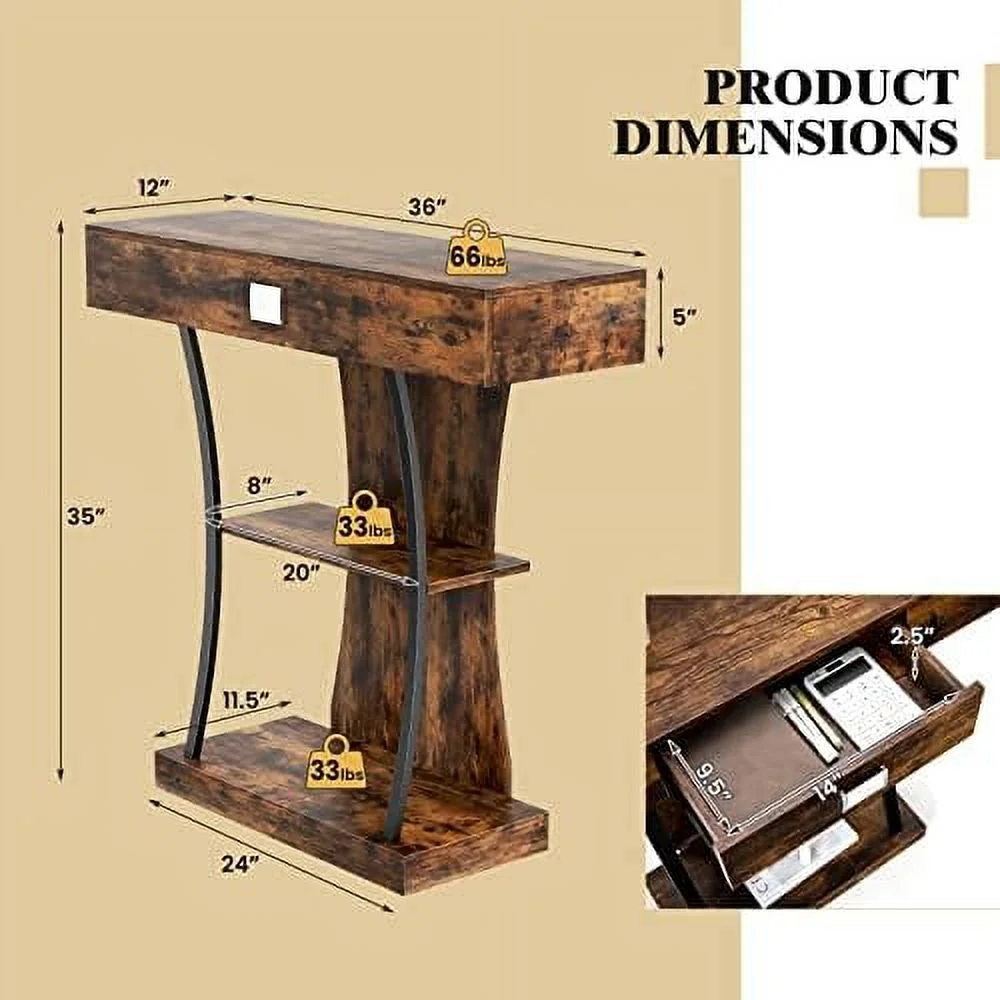 WTYNKAE 3-Tier Console Table  Narrow Sofa Table with  Drawer  Open Shelves &amp