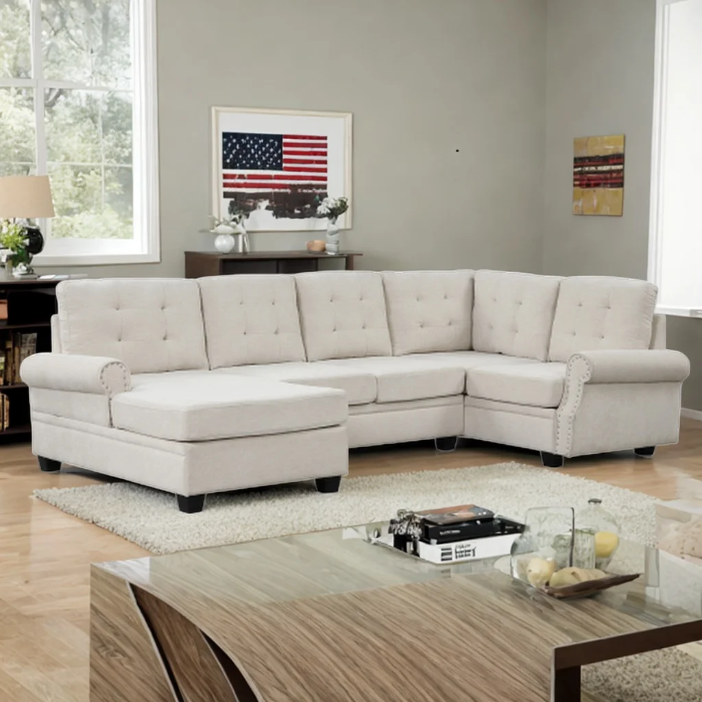 120" Modern U-Shaped Corner Sectional Sofa Upholstered Linen Fabric Sofa Couch for Living Room, Bedroom