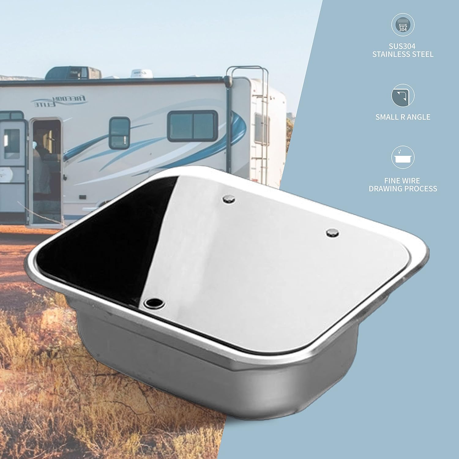 EzeXpreze RV Kitchen Sink Stainless Steel Hand Wash Basin Sink with Folded Faucet Tempered Glass Lid Washbasin for Camper Trailer Caravan (sink with