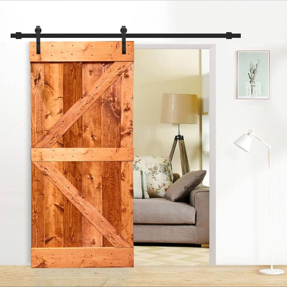 CALHOME Distressed K Series 36 in. x 84 in. Red Walnut Stained Pine Wood Interior Sliding Barn Door with Hardware Kit