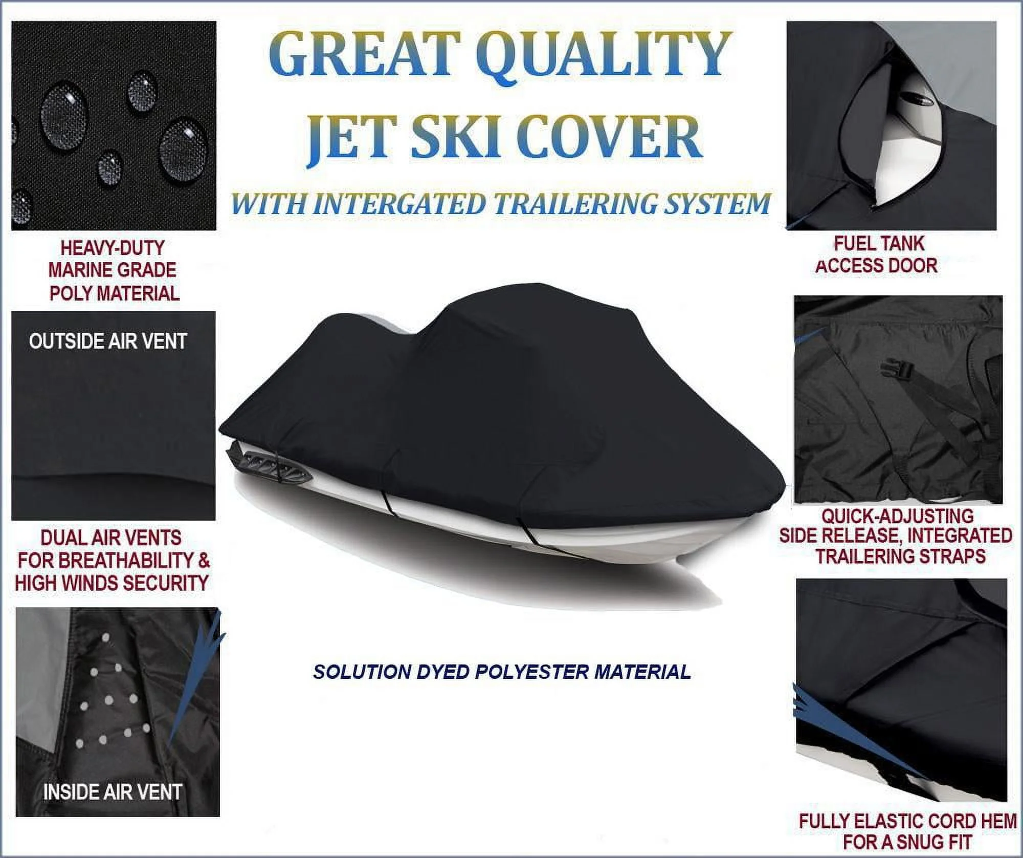 BLACK 600 DENIER JetSki Cover Compatible for Jet Ski PWC Watercraft Cover Polaris SL 700 DLX 1997 1-2 Seater