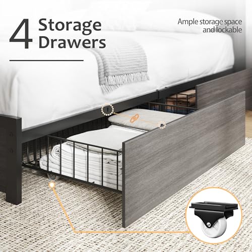 HISOFT Queen Bed Frame with Storage Headboard, Wood Bed with High Storage Bookcase, 4 Drawers & LED & Charging Station
