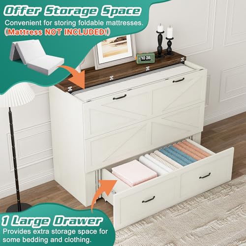 Full Size Murphy Chest Bed with Drawer and Charging Station, Farmhouse Wood Space-Saving Hidden Folding Bed Chest