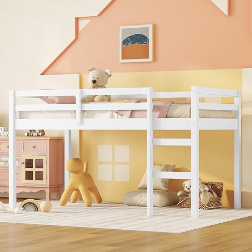 Low Loft Bed Twin Size, Kids Solid Wood Modern Loft Bed Frame with Ladder and Safety Guardrail for Girls Boys, Noise-Free,Non-Toxic Finishes