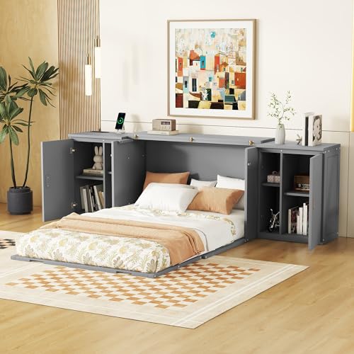 Full Size Murphy Cabinet Wall Bed With Storage and Bookcase Headboard, Solid Wood Cabinet With Shelves and USB Ports, Platform Floor for Home Office