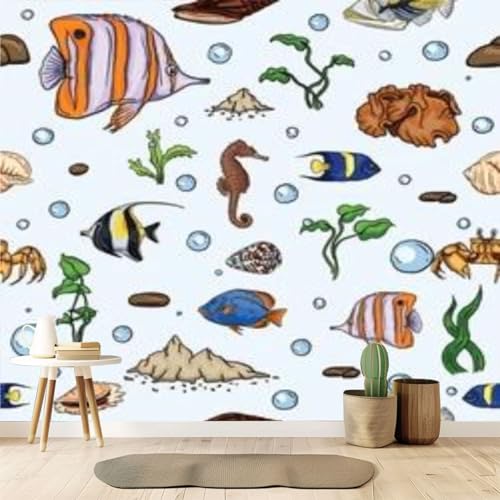 Peel and Stick Wallpaper Cute underwater world sea jellyfish seaweed cartoon style Deep ocean Canvas Wallpaper Wall Decor Wall Art Removable Wall