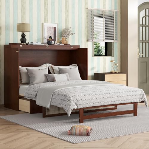 KEIKI Queen Size Cabinet Murphy Bed with Charging Station and Drawer, Multiple Storage Foldable Hideaway Wall Murphy Bed Frame with Solid Slat